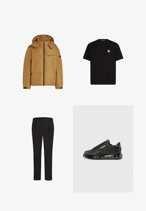 Rudas paminkštintas džemperis su gaubtu, priekinis užtrauktukas, dvi didelės kišenės ir juoda logotipo spauda kairėje krūtinės pusėje. Yra raukšlėti rankogaliai ir sagtelės.; Juodas medvilninis marškinėliai su trumpomis rankovėmis, apvaliu iškirpimu ir mažos baltos širdelės grafika kairėje krūtinės pusėje.; Juodi kelnių su elastinga juosmena, tiesaus kirpimo ir sukurtomis rankovėmis. Pagaminti iš lygaus, audinio be raštų.; Juodi sportiniai bateliai su lygiu odiniu apdailu, suapvalintu nosiu ir raištelių dizainu. Ypatybės apima skaidrų, paminkštintą pado su tamsiu gradientu.