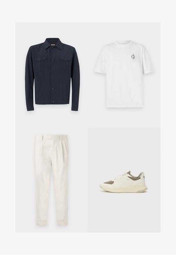 Marinejakke laget av lett stoff, med klassisk krage, knappestolpe foran, to brystlommer og lange ermer.; Hvit bomull t-skjorte med avslappet passform, med en liten svart grafisk logo på venstre brystområde. Korte ermer, rund hals.; Hvite, pregede bukser med skreddersydd passform, som har en jevn tekstur, beltehemper og avsmalnende ben. Ingen synlige lommer eller mønstre.; Hvit og lysebeige treningssko, med en mesh-overdel, perforerte detaljer og en teksturert mellomsåle med merkevare på hælen.