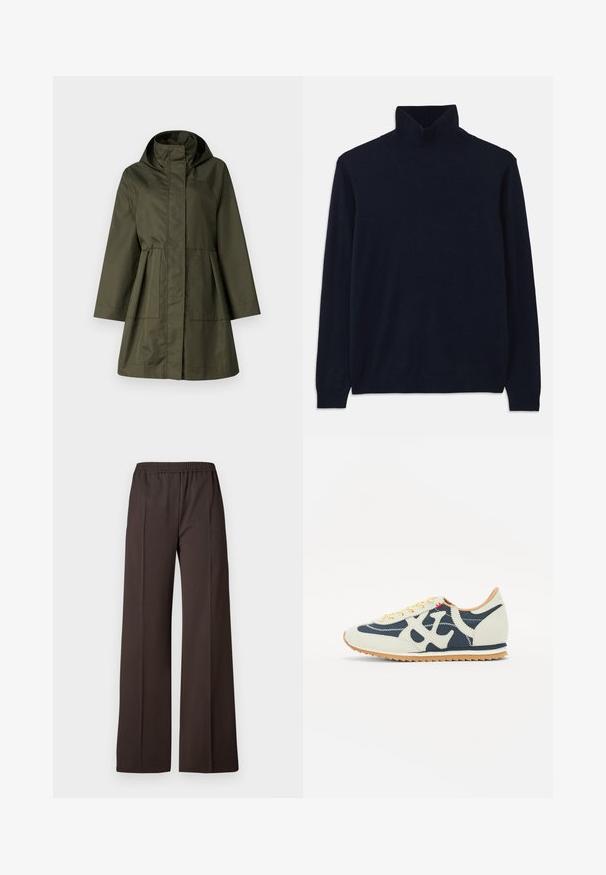 MAX&Co. TONACA - Parka - khaki; Jūros jėgos tvido megztinis su ilgomis rankovėmis, pagamintas iš minkštos megztos medžiagos. Yra raukinis apykaklėje ir rankovėse, paprastas dizainas, be raštų.; Tamsiai rudos spalvos plačios kelnių kelnės iš elastinės medžiagos, turinčios lygų paviršių ir švarias linijas, suteikiančias pritaikytą išvaizdą.; Sneakeris, pagamintas iš kreminės, tamsiai mėlynos spalvos ir zomšos medžiagų, su raištelių užsegimu, įstrižais siūlės ir guminėmis padangomis su sukibimu.