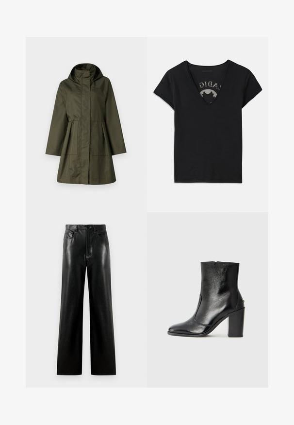 MAX&Co. TONACA - Parka - khaki; Černé tričko s krátkým rukávem a hlubokým výstřihem do V, s jemnou síťovinou a potištěným designem na vnitřní straně. Měkká, prodyšná látka.; Černé kožené kalhoty s širokými nohavicemi a hladkým povrchem, se zapínáním na knoflík a zip, předními kapsami a kontrastním prošíváním.; Černé kožené kotníkové boty s hladkou texturou, špičatou špičkou a robustním vysokým podpatkem. Mají boční otvor a minimalistický design.