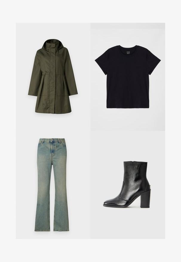 MAX&Co. TONACA - Parka - khaki; Black short-sleeve t-shirt made of soft cotton. Classic round neck design with a simple, unembellished surface and a relaxed fit.; Light blue denim flare jeans with a high waist, five pockets, and a zip fly. Clean, faded finish with subtle stitching details.; Black leather ankle boot with a smooth texture, pointed toe, and a chunky high heel. Features a side opening and minimalistic design.