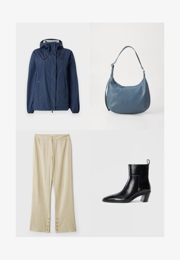 Marineblå vandtæt jakke med hætte, elastiske manchetter og to sidelommer med lynlås. Har justerbare snore i hætten og nederste kant.; Cable-knit zip-up cardigan i mørke olivengrøn. Har en ribbet krave, tekstureret mønster og en sølvfarvet lynlåslukning.; Hvid bomulds t-shirt med korte ærmer, rund halsudskæring og en afslappet pasform. Glat tekstur, ingen mønstre eller accenter, minimalistisk design.; Beige brede bukser i et struktureret stof. Har en flad talje og fem knapper ved kanten til lukning. Foldet design.; Sort læder ankelstøvle med spids tå, geometrisk stablet hæl og en løftestrop bagpå. Glat tekstur og slankt design.; Blå læderhåndtaske med en rundt form, enkelt skulderstrop, lynlås lukning og præget brandnavn på fronten. Glat tekstur.