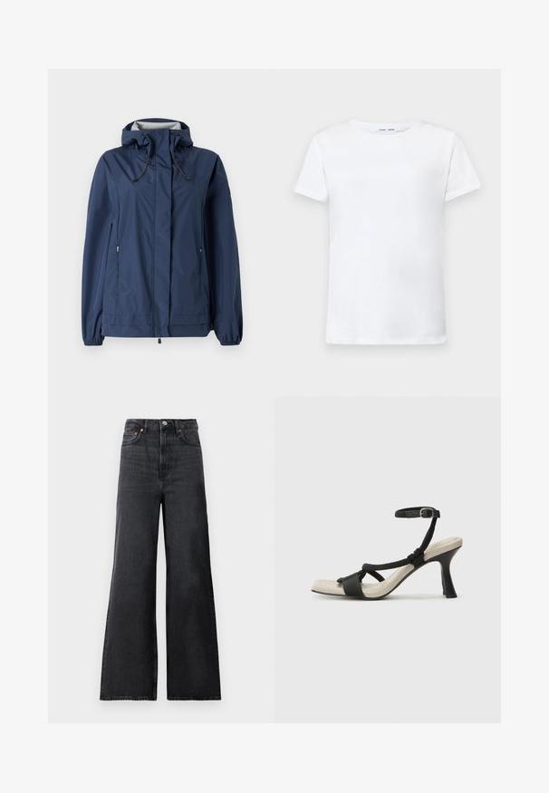 Marineblå vandtæt jakke med hætte, elastiske manchetter og to sidelommer med lynlås. Har justerbare snore i hætten og nederste kant.; Hvid kortærmet t-shirt lavet af bomuld med rund hals. Glat tekstur og lige snit, ingen mønstre eller detaljer.; Sorte denim flared jeans med høj talje, med metalknaplukning, forlommer og subtil falmning på stoffet.; Sorte hælede sandal med flettet remdesign, firkantet tå og justerbar ankelrem. Lys beige fodseng med en blank sort hæl.