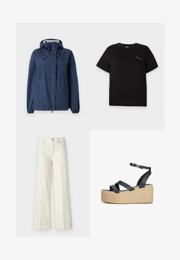 Marineblå vandtæt jakke med hætte, elastiske manchetter og to sidelommer med lynlås. Har justerbare snore i hætten og nederste kant.; Sort kortærmet t-shirt lavet af bomuld med rund hals og et lille hvidt logo på venstre brystområde. Enkel, afslappet pasform.; Videbenede hvide jeans lavet af en blanding af bomuldsstof. Har en lynlås i fronten, fem lommer og syninger langs sømmene.; Sorte læder wedge sandaler med krydsstraps og en flettet reb-platform. Har en ankelrem og guldtonet spænde detalje.