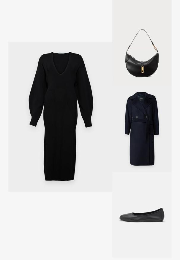 Weekend Max Mara RESINA - Cappotto classico - blu; Abito nero lavorato a maglia con scollatura a V profonda, maniche lunghe e voluminose, e dettagli a motivo testurizzato sul corpetto.; Pantofole da balletto nere in pelle con punta arrotondata, texture liscia, dettagli di cucitura minimi e design con suola flessibile.; Borsa a tracolla nera in pelle a forma di mezzaluna. Presenta un accento in metallo dorato e una tracolla sottile. Tessuto liscio, chiusura a cerniera nella parte superiore.