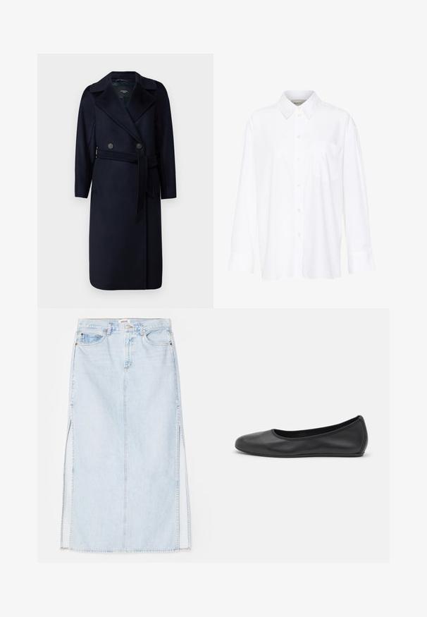 WEEKEND MaxMara RESINA - Palton clasic - blu; Cămașă albă cu mânecă lungă și guler, fabricată din bumbac. Are un închidere cu băta pe față și un singur buzunar pe piept. Textură netedă, croială lejeră.; Fustă maxi din denim de culoare albastru deschis, cu croială dreaptă, având slituri laterale și design cu cinci buzunare. Cusături evidente și închidere cu nasture metalic.; Balerini din piele neagră, cu vârf rotund, textură netedă, detalii de cusătură minimale și un design al tălpii flexibil.
