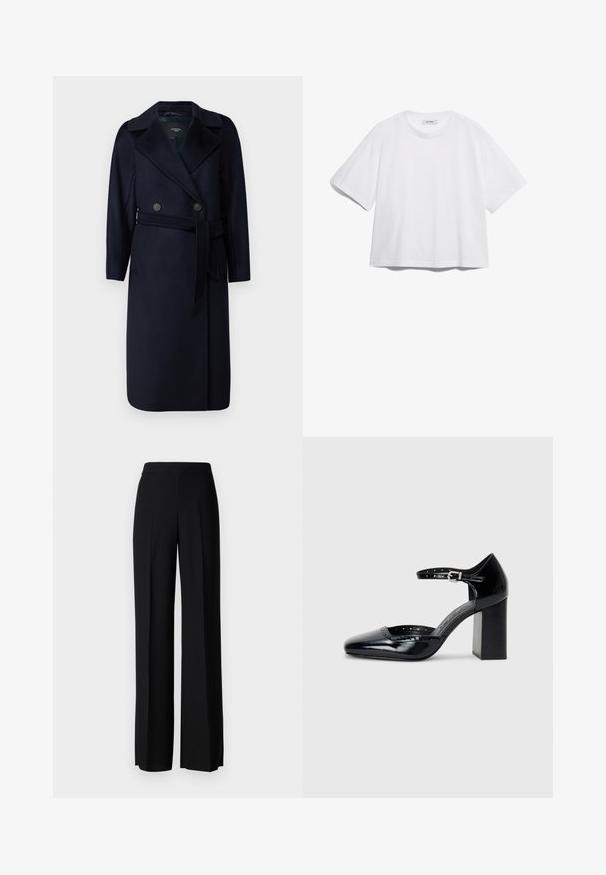 WEEKEND MaxMara RESINA - Mantel - blu; Witte katoenen T-shirt met korte mouwen, ronde halslijn, losse pasvorm en geen zichtbare patronen of afbeeldingen. Effen textuur en eenvoudig ontwerp.; Zwarte wijde broek met een gladde textuur, voorzien van een hoge tailleband en middelste plooien. Geen zichtbare patronen of hardware-details.; Zwarte lakleren hoge hakken met een vierkante neus, enkelbandje en een chunky hak. Inclusief geperforeerde details langs de rand.