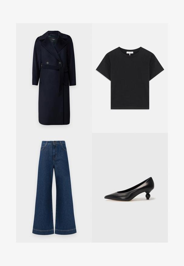 WEEKEND MaxMara RESINA granatowy; Czarny krótki t-shirt wykonany z bawełny, z okrągłym dekoltem, krótkimi rękawami oraz prostym wzorem bez nadruków i ozdób.; Szerokie dżinsy w kolorze niebieskim z wysokim stanem, z zapięciem na guzik, szlufkami na pasek oraz subtelnymi detalami stębnowania wzdłuż kieszeni i brzegów.; Czarna skórzana szpilka z ostrym czubkiem i okrągłym, kulistym obcasem. Gładka tekstura z eleganckim, minimalistycznym wzornictwem.