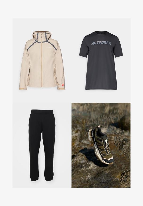 Beige wasserdichte Jacke mit Reißverschluss, grauen Akzenten, verstellbarem Kapuze und Seitentaschen. Mit Logo auf der Brust und dem Ärmel.; Schwarzes T-Shirt mit kurzen Ärmeln aus leichtem Stoff, mit einem hellgrauen "TERREX"-Logo auf der Brust und einem Rundhalsausschnitt.; Schwarze Sweatpants aus einem Baumwollmischgewebe, mit elastischem Taillenbund, schmal zulaufenden Beinen und gerippten Bündchen an den Knöcheln. Einfaches Design, keine Muster.; Wanderschuh in Olivgrün und Schwarz mit pinken Akzenten. Verfügt über ein strukturiertes Obermaterial, eine flexible Sohle, eine verstärkte Zehenkappe und ein farbenfrohes Schnürsystem.