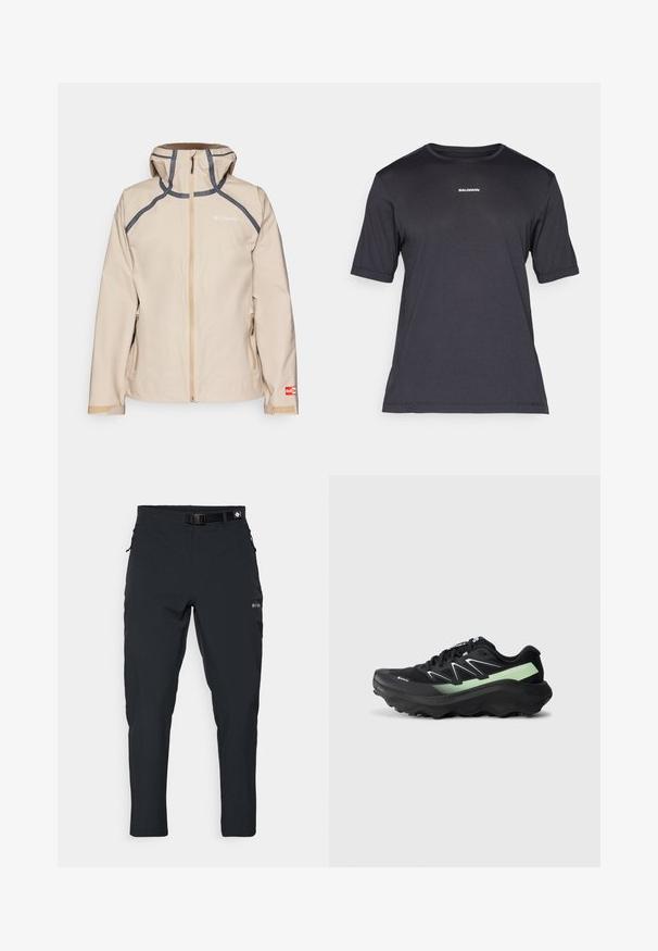 Veste imperméable beige avec fermeture éclair, accents gris, capuche réglable et poches latérales. Présente un logo sur la poitrine et la manche.; T-shirt de performance noir à manches courtes en tissu respirant, avec un col rond et un petit logo "SALOMON" blanc sur la poitrine.; Columbia ESSENTIAL HIKE™ PANT - Pantalons outdoor - black; Chaussure de running Salomon noire et verte avec une semelle épaisse et un tread agressif, présentée en profil gauche sur fond blanc.