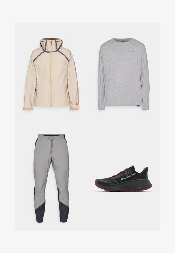 Giacca impermeabile beige con chiusura a zip, dettagli grigi, cappuccio regolabile e tasche laterali. Presenta il logo sul petto e sulla manica.; T-shirt grigio chiaro a maniche lunghe realizzato in un morbido tessuto testurizzato. Presenta un collo a giro e un piccolo logo blu Patagonia sul petto.; Pantaloni sportivi leggeri grigi con accenti neri. Vita elastica, chiusura con cordino, design a gamba affusolata e tasche laterali.; Scarpa sportiva nera con tomaia testurizzata, lacci rossi e logo. Suola spessa con battistrada a righe per una buona aderenza. Design minimalista, vista laterale.