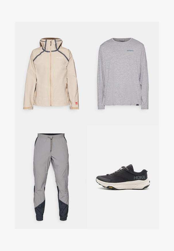 Beige vattentät jacka med dragkedja, grå detaljer, justerbar huva och sidofickor. Har logotyp på bröstet och ärmen.; Ljusgrå t-shirt med långa ärmar gjord av mjukt, texturerat tyg. Har en rund hals och en liten blå Patagonia-logotyp på bröstet.; Lätta, grå träningsbyxor med svarta detaljer. Elastisk midja, dragsko stängning, tapered design och sidofickor.; Svart sportskor med en texturerad ovansida, grå detaljer, reflektiva inslag och en tjock vit sula med Vibram-märkning.