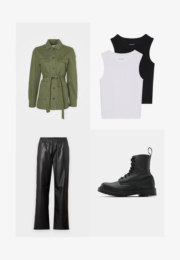 Olive green, belted jacket made of cotton denim. Features a collar, button closure, two front pockets, and long sleeves with cuffs.; Two sleeveless tops in black and white, made of ribbed cotton, featuring round necklines and a fitted design. Labels visible on both.; Black faux leather pants with an elastic waistband, straight leg design, and contrasting side stripes. Smooth texture and minimalist style.; Black leather combat boot with a round toe, lace-up front, and a pull tab at the ankle. Features a thick rubber sole for durability.