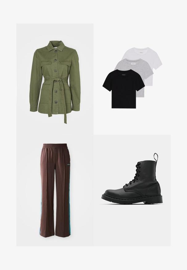 Alyvmedžio spalvos, dirželis turintis džinsinis švarkas, pagamintas iš medvilnės. Yra apykaklė, sagų užsegimas, dvi priekinės kišenės ir ilgomis rankovėmis su įvarais.; Trijų trumpomis rankovėmis marškinėlių rinkinys juodos, pilkos ir baltos spalvos. Pagaminti iš medvilnės, turi apvalų iškirpimą ir paprastą, vientisos spalvos dizainą.; Rudos sportiniai kelniukai su raukšlėtu paviršiumi, elastinga juosta ir turkio spalvos šoninėmis juostelėmis. Priekyje yra adidas logotipas.; Juodas odinis kovinis botas su apvalioms pirštams, šnerviniu priekiniu užsegimu ir užtraukiamu užtrauktuku prie kulkšnies. Ypatybė - storas guminis padas, užtikrinantis ilgaamžiškumą.