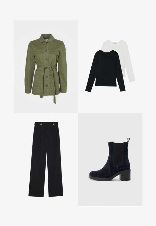 Maslinasto zelena jakna s remenom napravljena od pamučnog denima. Ima ovratnik, dugme za zatvaranje, dva prednja džepa i duge rukave s manžetama.; Dva dugo rukava, jedan crni i jedan bijeli, oba s kvadratnim izrezom i izrađeni od mekane, rastezljive tkanine.; Crne hlače širokih nogavica s visokim strukom, s dugmadi na pojasu i prednjim nabora.; Tamno plavi antilop čizmi do gležnja s elastičnom bočnom panelom, zaobljenim vrhom i blok petom. Teksturni materijal i glatka đon dodaju kontrast.