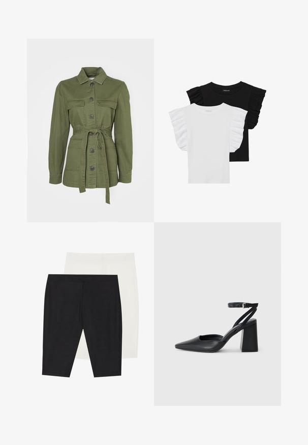 Olivově zelená, pásková bunda z denimové bavlny. Má límec, zapínání na knoflíky, dvě přední kapsy a dlouhé rukávy se manžetami.; Dvé trička s krátkým rukávem: jedno černé s volánovými rukávy, druhé bílé s volánovými rukávy. Obě jsou vyrobena z lehké bavlněné tkaniny.; Dvě dvojice těsných legín: jedny z žebrované černé tkaniny, druhé z hladké bílé. Obě mají elastické pasy a bezešvé provedení.; Černé kožené lodičky se špičatou špičkou, kotníkovým páskem a silným podpatkem. Hladká textura, elegantní design a minimalistická estetika.