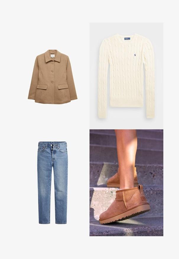 Tan uldblandede frakke med krave, frontknaplukning og to sidelommer. Glat tekstur med en subtil finish.; Cremefarvet kabelstrikket sweater med lange ærmer, ribbede manchetter og kant, med et lille broderet logo på venstre bryst.; Lyseblå denimjeans med lige pasform, fem-lomme-design og knaplukning. Har subtile falmede detaljer og orange søm.; Tan ruskind ankelstøvler med en blød tekstur, stikninger og en gummisål, der har en løkkehælkappe for nem på- og aftagning.