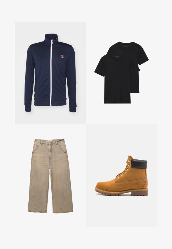 Námornícky modrá športová bunda s vysokým golierom, plným zipsom, bielym zipsom a kontrastnými akcentmi na rukávoch, vyrobená z hladkého a elastického materiálu.; Dvoje čiernych bavlnených tričiek s krátkymi rukávmi, okrúhlym výstrihom a hladkou textúrou, vystavených naskladaných spolu.; PULL&BEAR MEGA BAGGY - Džínsy baggy - light grey; Tyrkysové semišové členkové topánky s čiernym polstrovaným golierom, zlatými kovovými očkami, bielym prešívaním a robustnou gumovou podrážkou s výraznými drážkami.