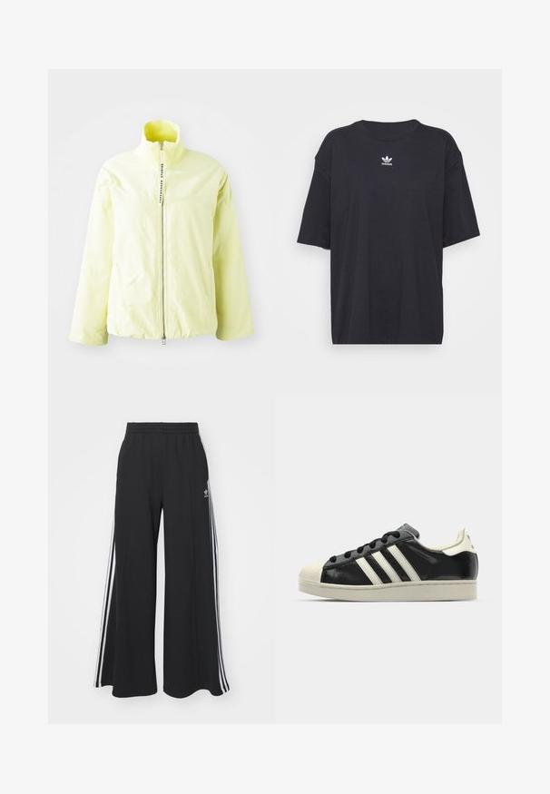 Lys gul zip-up jakke med høj krave, ribbet hals og minimalistisk design. Har en central lynlås og ingen synlige mønstre.; Sort bomulds t-shirt med korte ærmer, rund halsudskæring, med et hvidt Adidas-logo på brystet. Enkel design, afslappet pasform.; Sorte brede sweatpants med elastisk talje, med hvide sidelommer og et broderet logo på venstre lår.; Sort lædersneakers med hvide striber, gummitåkap, sorte snørebånd og en cremefarvet ydersål. Glat tekstur med blank overflade.
