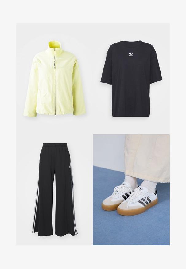 Lys gul glidelåsjakke med høy krave, ribbet hals og minimalistisk design. Har en sentral glidelås og ingen synlige mønstre.; Svart bomull T-skjorte med korte ermer, rund halslinje, med en hvit Adidas-logo på brystet. Enkel design, avslappet passform.; Svart vide joggebukser med elastisk midjebånd, med hvite sidestriper og brodert logo på venstre lår.; Hvite sneakers med svarte striper og beige semsket skinn-detaljer. Har en teksturert gummisåle og flate hvite snører, brukt med lyse sokker.