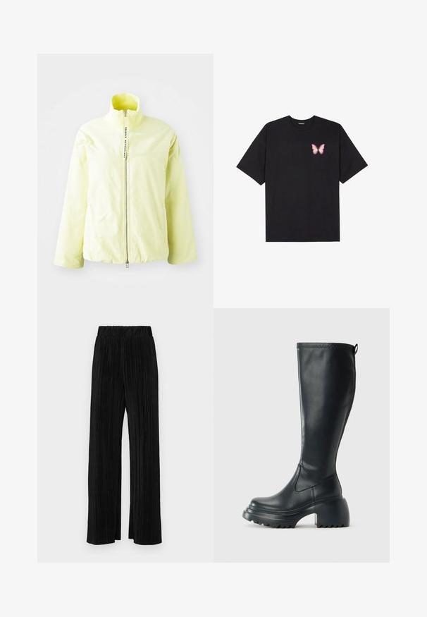 Light yellow zip-up jacket with a high collar, ribbed neck, and minimalistic design. Features a central zipper and no visible patterns.; Black cotton t-shirt with short sleeves, featuring a small pink butterfly graphic on the left chest. Crew neck design with a relaxed fit.; Black pleated trousers with an elastic waistband. Features wide legs and a smooth, textured fabric with vertical stripes.; Tall black leather boot with chunky platform sole and block heel, featuring pull tab and textured tread on outsole.
