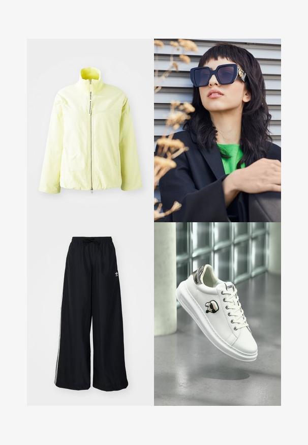 Jachetă zip-up de un galben deschis, cu guler înalt, gât ribbed și un design minimalist. Are un fermoar central și fără modele vizibile.; Crop top alb cu maneci lungi și umeri descoperiți dintr-un material elastic. Prezintă accente negre cu trei dungi pe maneci și un mic logo negru pe piept.; Pantaloni negri cu picioare largi, realizati dintr-un material usor. Au un bmband elastic cu snur si dungi albe pe lateral. Logo-ul brandului este pe sold.; Tenisii albi Karl Lagerfeld, cu șireturi, patch cu logo negru și bej, și tab clasic argintiu, plutind deasupra unei podele gri.; Ochelari de soare supra-dimensionați, de culoare neagră, cu un cadru gros și accente aurii, purtați cu un sacou negru și o cămașă verde aprins, pe un fundal orizontal.