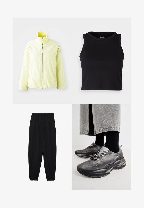 Light yellow zip-up jacket with a high collar, ribbed neck, and minimalistic design. Features a central zipper and no visible patterns.; Black ribbed crop tank top with a round neckline and sleeveless design. Made from soft, stretchy fabric, featuring clean hemmed edges.; Black, lightweight pants with an elastic waistband and gathered ankles. The fabric is smooth and features a relaxed, tapered design.; Black and gray athletic shoes feature a mesh upper, thick soles, and laces. They have a rounded toe and visible cushioning detail.