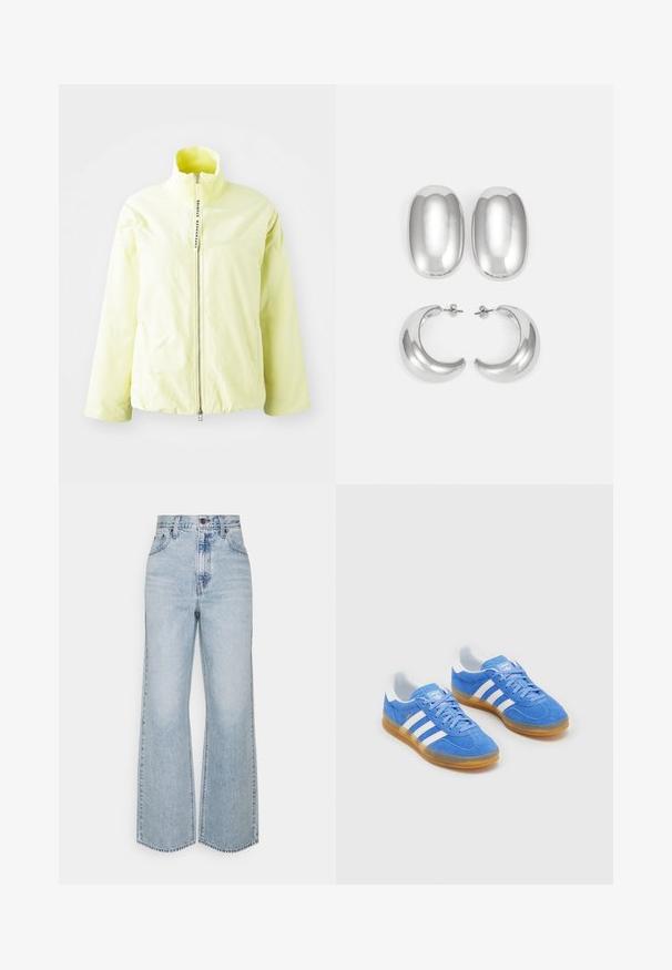 Gaiši dzeltena zip-up jaka ar augstu apkakli, ribotām kakla malām un minimālisma dizainu. Iekļauj centrālo rāvējslēdzēju un bez redzamām rakstu zīmēm.; Melnas ribētas īsās blūzes ar apaļu kakla izgriezumu un bez piedurknēm. Izgatavota no elastīga, teksturēta auduma. Uz birkas rakstīts "Urban Classics."; Gai zilā denima platā kāju bikses ar augstu jostasvietu, klasisku piecu kabatu dizainu un kontrastējošiem šuvumiem. Neapstrādāts apakšējais maliņš.; Zilas zamšādas sporta apavi ar baltām svītrām, gumijas zole un mīksta apkakle komfortam. Iezīmē klasisku stīgšanas dizainu.; Sudraba krāsas auskari: divi ovāli studu auskari un divi pusmēness formas gredzeni, ar gludu, spīdīgu apdari un noapaļotu dizainu.