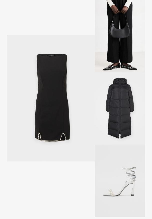 Giacca puffy nera con cappuccio, dotata di una cerniera frontale e sezioni trapuntate per l'isolamento. Design fino al ginocchio. Texture esterna liscia.; Abito nero senza maniche con design lineare, tessuto strutturato e orlo decorato con perline e spacco laterale.; Sandal alta argentata con design di cinturini lucidi, caratterizzata da un accento simile a una perla e una cinghia attorcigliata alla caviglia per una vestibilità sicura.; Borsa a spalla in pelle nera con forma arrotondata, finitura lucida e accessori in argento. Persona che indossa pantaloni ampi neri e mocassini con borchie.