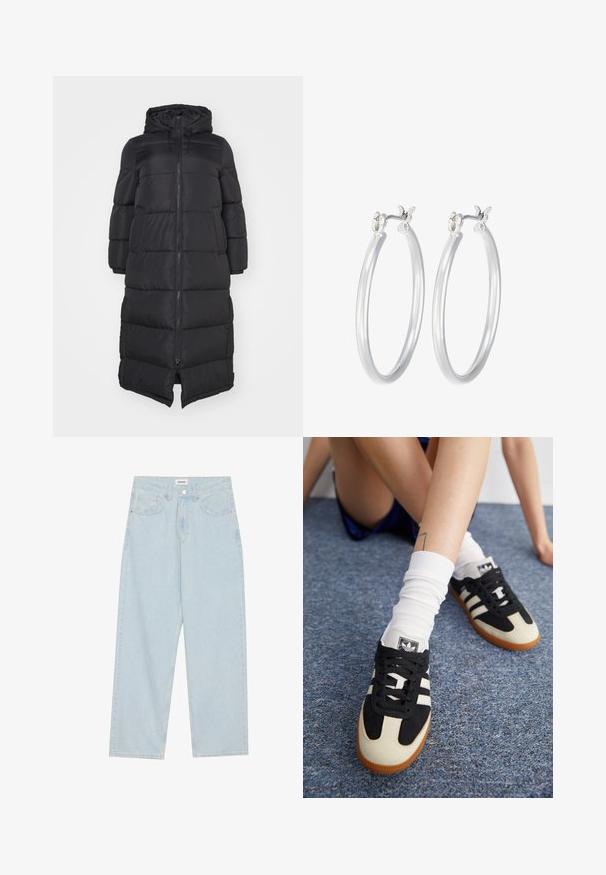 Černá péřová bunda s kapucí, vybavená předním zipem a prošívanými sekcemi pro izolaci. Délka po kolena. Hladký vnější povrch.; Bílé žebrované tričko s dlouhým rukávem a kulatým výstřihem. Vyrobeno z elastické tkaniny, která obepíná tělo. Obsahuje jemné horizontální pruhy.; Světle modré široké džíny z denimu, s mid-rise pasem, pěti kapsami a knoflíkovým zapínáním s úzkým kovovým akcentem.; Černobílé sportovní boty se svrškem z semiše a kůže, s třemi bílými pruhy a gumovou podrážkou. Pár je nošen s bílými ponožkami.; Stříbrné kruhové náušnice s hladkým, lesklým povrchem. Kulatý tvar a bezpečné zapínání na klip. Lehký design vhodný pro každodenní nošení.