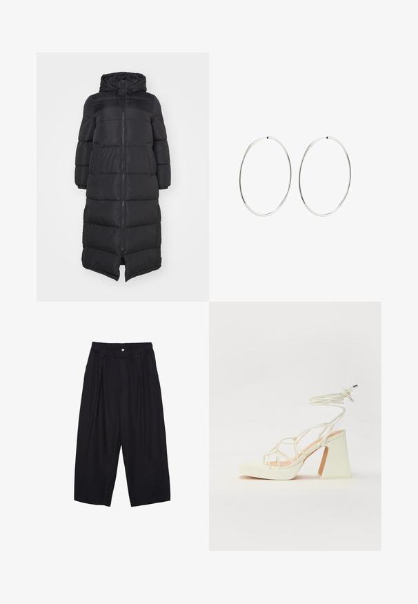Schwarze Pufferjacke mit Kapuze, ausgestattet mit einem frontalen Reißverschluss und gesteppten Abschnitten für Isolierung. Knielanges Design. Glatte Außenstruktur.; Schwarzes ärmelloses Crop-Top aus glattem Stoff, mit rundem Ausschnitt und einem klaren, schlichten Design ohne Muster oder Beschläge.; Schwarze Polyester-Culotte mit einem elastischen Bund, zwei vorderen Falten und einer lockeren Silhouette. Keine sichtbaren Muster oder Hardware-Details.; Weiße High-Heel-Sandale mit einem klobigen Absatz, die über ein Riemchendesign und ein Knöchelband verfügt. Glatte Textur mit einer Plattform vorne für zusätzliche Höhe.; Silberne Creolen mit einem glatten, runden Design und einer polierten Oberfläche. Sie sind dünn und leicht und verfügen über einen einfachen Verschluss.