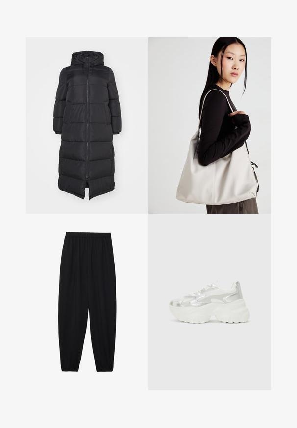 Giacca puffy nera con cappuccio, dotata di una cerniera frontale e sezioni trapuntate per l'isolamento. Design fino al ginocchio. Texture esterna liscia.; T-shirt in bianco e nero, girocollo, maniche corte. La maglietta nera presenta un ricamo di sole giallo; quella bianca ha un accento di luna crescente viola.; Pantaloni neri leggeri con vita elastica e caviglie arricciate. Il tessuto è liscio e presenta un design rilassato e affusolato.; Sneaker argento con una tomaia in mesh testurizzato e accenti iridescenti, dotata di una suola bianca spessa e chiusura con lacci.; Borsa a mano beige realizzata in materiale morbido, caratterizzata da un design morbido, dettagli cuciti e due manici. Adatta per l'uso quotidiano.