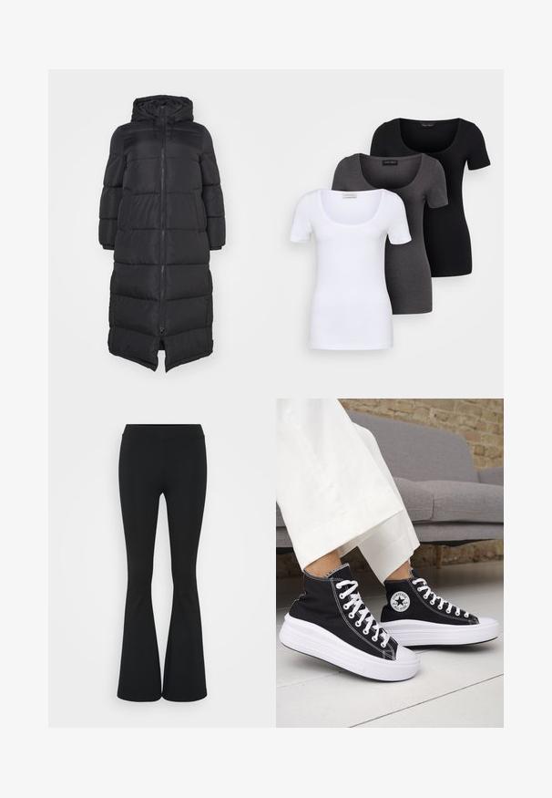 Manteau doudoune noir avec capuche, doté d'une fermeture éclair sur le devant et de sections matelassées pour l'isolation. Design jusqu'aux genoux. Texture extérieure lisse.; Trois T-shirts ajustés en blanc, gris et noir. Chacun présente un décolleté large et des manches courtes. Fabriqués en tissu lisse et extensible.; Pantalon évasé noir en tissu extensible, présentant une taille haute et une texture lisse. Le pantalon s'élargit à partir du genou.; Baskets montantes noires avec semelles et lacets en caoutchouc blanc. Dotées d'un patch logo rond et de surpiqûres blanches contrastantes. Matière en toile.