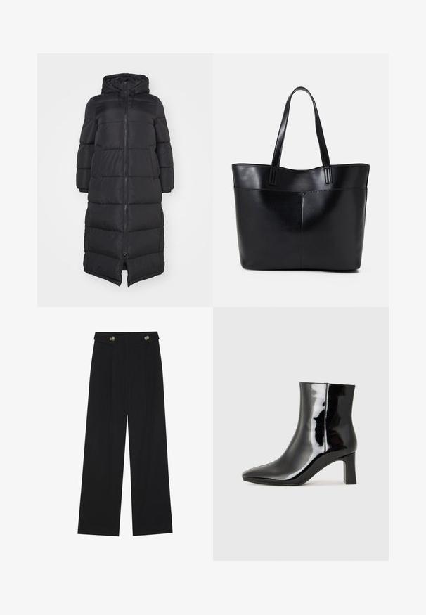 Giacca puffy nera con cappuccio, dotata di una cerniera frontale e sezioni trapuntate per l'isolamento. Design fino al ginocchio. Texture esterna liscia.; Maglietta nera a maniche lunghe con polsini svasati, texture morbida e vestibilità rilassata, con un semplice collo rotondo.; Pantaloni neri a gamba larga con vita alta, dettagli con bottoni in vita e pieghe frontali.; Stivaletto in pelle verniciata nera con punta a punta e tacco a blocco di altezza media. Texture liscia e design minimalista.; Borsa a tracolla in pelle nera con due manici lunghi, una texture liscia e una forma strutturata. Presenta una tasca frontale per ulteriore spazio di archiviazione.