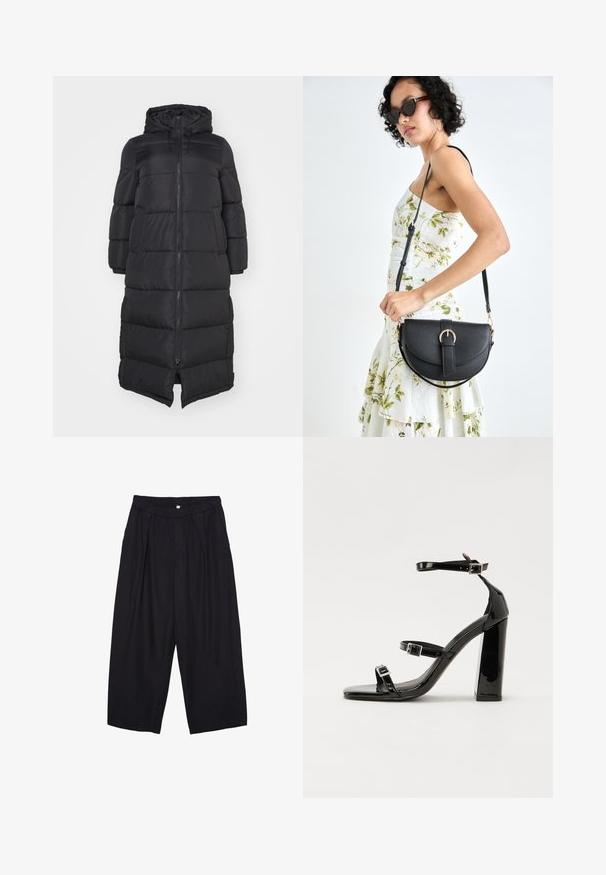 Schwarze Pufferjacke mit Kapuze, ausgestattet mit einem frontalen Reißverschluss und gesteppten Abschnitten für Isolierung. Knielanges Design. Glatte Außenstruktur.; Schwarzes T-Shirt mit kurzen Ärmeln aus Baumwolle. Verfügt über einen runden Ausschnitt und einen lockeren Schnitt mit einer glatten, einfarbigen Textur. Keine sichtbaren Muster oder Akzente.; Schwarze Polyester-Culotte mit einem elastischen Bund, zwei vorderen Falten und einer lockeren Silhouette. Keine sichtbaren Muster oder Hardware-Details.; Schwarze patentierte Sandalen mit Absatz, quadratischer Spitze, Knöchelriemen und silbernen Schnallen. Mit einem stabilen Blockabsatz für mehr Stabilität.; Schwarze Lederhandtasche mit geschwungener Form, abnehmbarem Tragegurt und goldenen Beschlägen. Die Tasche verfügt über einen Deckel mit einer Schnallen-Details.