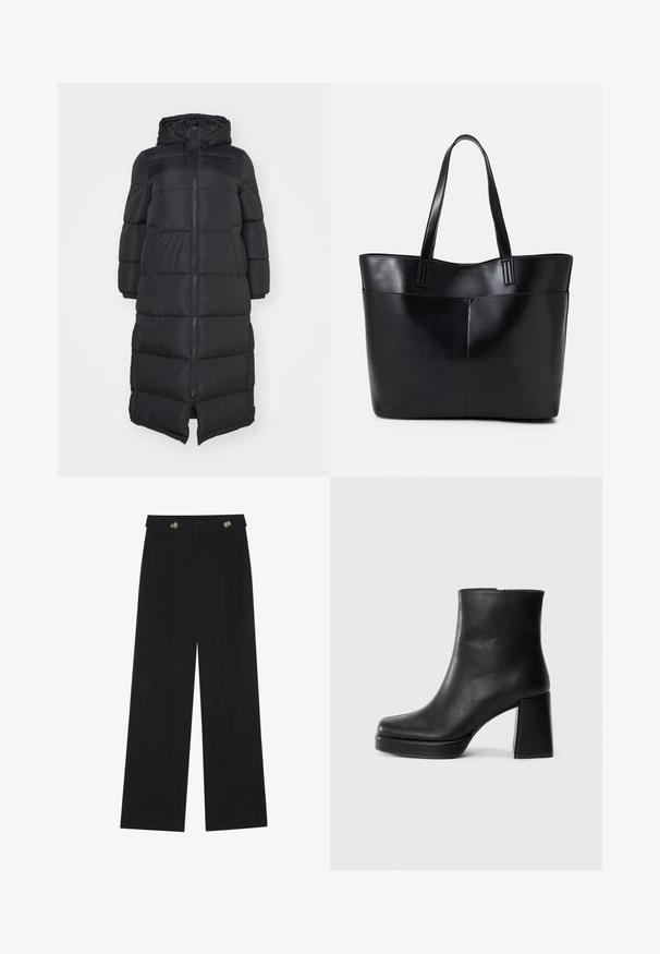 Sort puffet jakke med hætte, der har en frontlynlås og quiltede sektioner til isolering. Knelang design. Glat ydre tekstur.; Sort top med korte, gennemsigtige volangærmer, rund halsudskæring og et blødt, glat stof. Simpelt design uden yderligere mønstre eller detaljer.; Sorte vide bukser med høj talje, knapdetaljer på taljebåndet og frontfald.; Sort læder ankelstøvle med blokhæl og platformssål, set fra siden på en ensfarvet hvid baggrund.; Sort læder tote taske med to lange håndtag, en glat tekstur og en struktureret form. Har en forlommem for ekstra opbevaring.