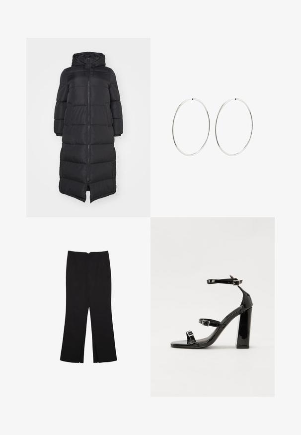 Črna puhovka s kapuco, z sprednjim zadrgo in prešitimi deli za izolacijo. Dolžina do kolen. Gladka zunanja tekstura.; Bela majica s kratkimi rokavi sproščenega kroja in z gubanim materialom na pasu. Narejena iz mehkega, lahkega blaga.; Črne hlače ravnega kroja z naglavnimi žepi in stranskimi razporki na robu. Narejene iz mehke, gladke tkanine. Primerne za različne priložnosti.; Črne lakirane sandale s peto, kvadratnim prstom, trakovi okrog gležnja in srebrnimi zaponkami. Opremljene so s stabilno Debelo peto.; Srebrne obročaste uhane z gladkim, okroglim dizajnom in poliranim zaključkom. So tanke in lahke, z enostavnim zapiranjem na sponko.