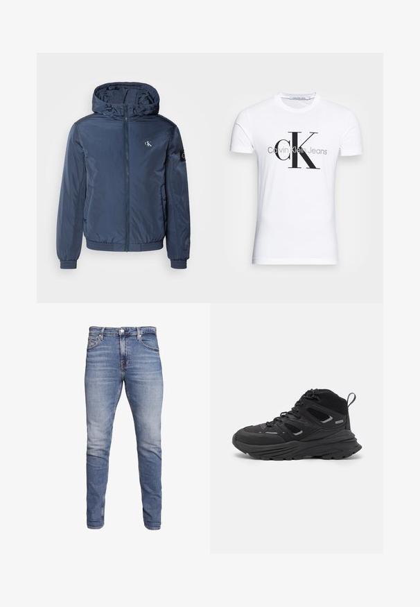 Calvin Klein Jeans PADDED HOODED HARRINGTON - Ľahká bunda - ink; Biele bavlnené tričko s čiernym logom "CK" a nápisom "Calvin Klein Jeans", krátke rukávy a klasický okrúhly výstrih.; Modré slim-fit džínsy s piatimi vreckami, s vyblednutým vzhľadom, na gombík a s pútkami na opasok, vystavené na bielom pozadí.; Čierne turistické topánky s vrstveným dizajnom, textúrovaným materiálom a gumovou podrážkou, so zosilnenými miestami a šnurovaním vpredu.