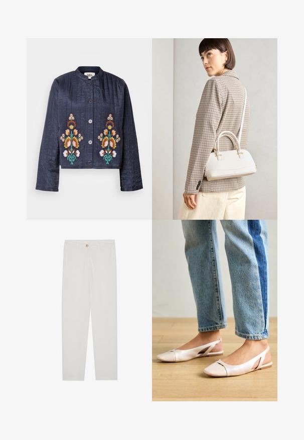 Granatowa pikowana kurtka z kwiatowym haftem w odcieniach pomarańczowego, żółtego i zielonego. Posiada okrągły kołnierz oraz zapięcie na guziki z przodu.; Biała koszulka z krótkim rękawem wykonana z miękkiej bawełny. Posiada okrągły dekolt i luźny krój. Czysty design bez widocznych wzorów czy akcentów.; Białe, dopasowane spodnie z prostymi nogawkami, posiadające zapięcie na guzik, szlufki na pasek oraz kieszenie boczne; gładka tekstura materiału.; Jasnoróżowe baleriny na odkrytej pięcie z wąskim noskiem, wykonane z gładkiego materiału imitującego skórę. Posiadają wycięcia po bokach oraz płaski obcas.; Biała torebka o strukturalnym kształcie z krótkimi uchwytami i paskiem na ramię, z złotymi akcentami i teksturowanym materiałem, prezentowana na szarym tle.