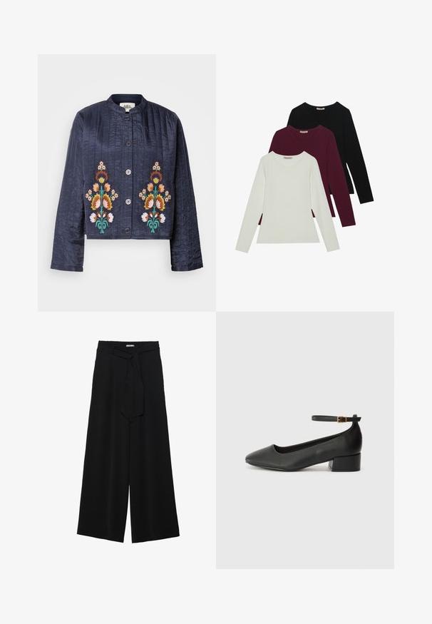 Marinefarget quilted jakke med blomsterbroderi i oransje, gult og grønt. Den har krage av rund form og knappelukking foran.; Langermede t-skjorter i hvit, burgunder og svart. Laget av myk stoff med rund hals og tettsittende design. Egnet for lag-på-lag-styling.; Svart vide bukser med teksturert stoff, elastisk midje og avtagbart belte som gir justerbar passform.; Sorte skinnpumper med spiss tå og lav blokkhelt. Har ankelrem med gullfarget spenne. Glatt tekstur.