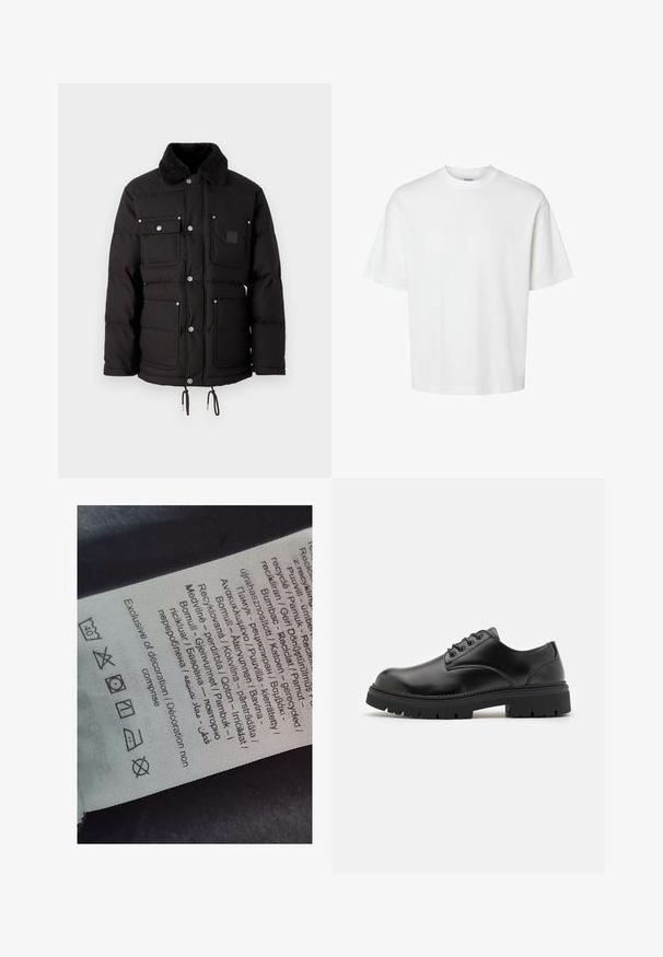 Paminkštintas juodas švarkas su dirbtinės odos apykakle, keliais priekinių kišenėmis, spaustukais ir reguliuojamu raišteliu apačioje.; Balta medvilninė marškinė su trumpomis rankovėmis, apvaliu iškirpimu ir laisvu siluetu. Lygus paviršius be matomų raštų ar akcentų.; Žymėjimo etiketė su daugiakalbiais tekstais, priežiūros simboliais ir perdirbimo ikonėmis, atspausdinta minkštu, audeklo tipo medžiagos šviesiais atspalviais.; Juodi odiniai bateliai su apvaliu nosiu, raištelių užsegimu ir storu, tekstūruotu guminėmis padais. Yra siuvinėjimas per kraštą ir lygus paviršius.