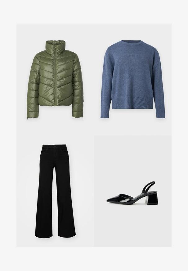 Olive green puffer jacket with a high collar, front zipper, and chevron stitching. Features elastic cuffs and a cropped silhouette.; Blue knit sweater with a ribbed neckline and hem. Features long sleeves and a relaxed fit, made from soft fabric.; Black wide-leg pants made of denim, featuring a structured waistband, belt loops, and front pockets. Smooth texture with a classic design.; Black patent leather slingback heels with a pointed toe and a geometric block heel. Features a sleek, minimal design and smooth texture.