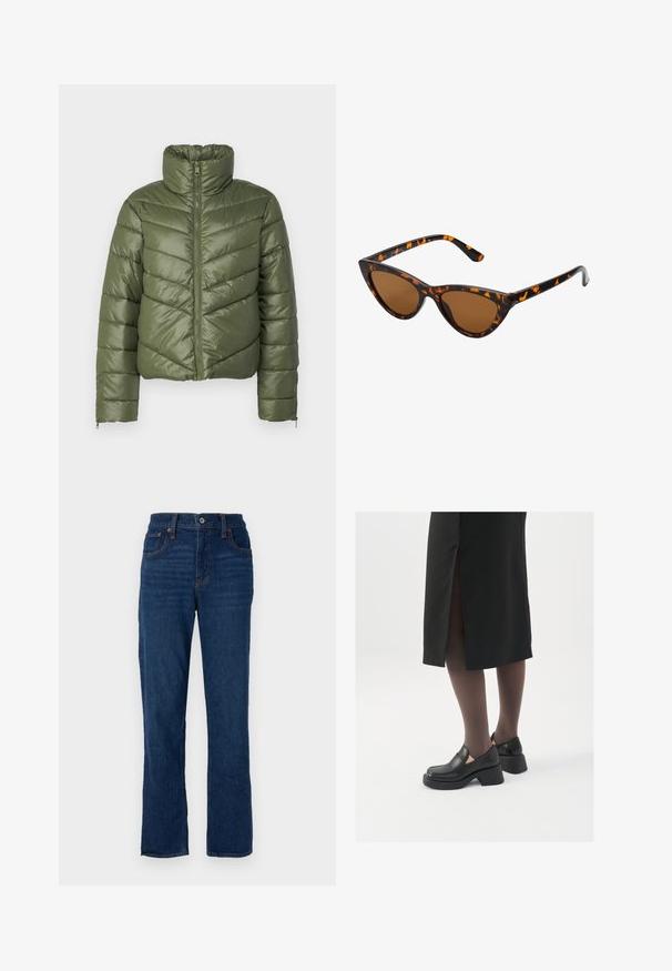 Olivovo zelená zateplená bunda s vysokým golierom, predným zipsom a chevronovým prešívaním. Obsahuje elastické manžety a skrátený strih.; Čierny body s dlhými rukávmi, s rezom do V z priesvitnej látky a zhromaždením na pleciach. Hladká tkanina s priliehavým strihom.; Tmavomodré džínsy s rovnými nohavicami, päť vrecový dizajn, oranžové prešitie a gombík na zapínanie v páse.; Čierne kožené topánky s okrúhlou špičkou, silným blokovým opätkom a elastickými bočnými akcentmi, skombinované s tmavými pančuchami a čiernou sukňou so štiepením.; Mačacie slnečné okuliare s čiernym a oranžovým želvovinovým rámom, hnedými sklami a elegantnými, špicatými koncami. Obsahujú minimalistické logo na spánku.; Strieborné kruhové náušnice s minimalistickým dizajnom. Cirkulárny tvar, hladký povrch a tenký profil. Ľahké s lesklým povrchom.