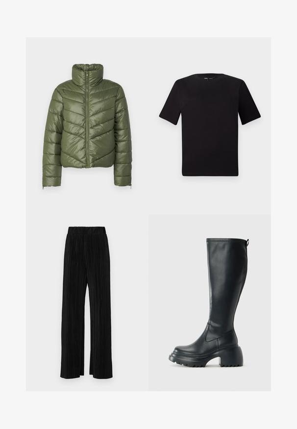 Olive green puffer jacket with a high collar, front zipper, and chevron stitching. Features elastic cuffs and a cropped silhouette.; Black short-sleeve t-shirt with a round neckline, crafted from soft cotton fabric. Simple design, no visible logos or patterns.; Black pleated trousers with an elastic waistband. Features wide legs and a smooth, textured fabric with vertical stripes.; Tall black leather boot with chunky platform sole and block heel, featuring pull tab and textured tread on outsole.