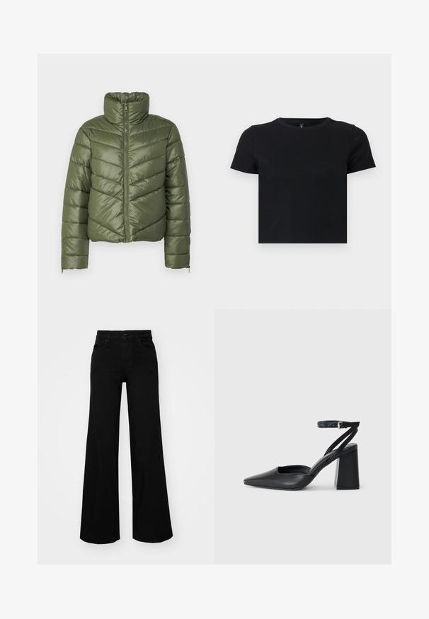 Olīvzaļš pūķis ar augstu apkakli, priekšējo rāvējslēdzēju un Ķīnas rakstu. Iespējas elastīgas aproces un īsa siluets.; Melnas īsām piedurknēm T-krekls, kas izgatavots no mīkstas kokvilnas. Ievietota apaļa kakla izgriezums un pieguļošs dizains. Gluda tekstūra bez rakstiem vai akcensiem.; Melni plaša kāju bikses, izgatavotas no džinsa, ar strukturētu jostu, jostu cilpiņām un priekšējām kabatām. Gluda tekstūra ar klasisku dizainu.; Melna ādas augstpapēžu kurpe ar norakstīto purngala formu, potītes siksniņu un masīlu papēdi. Gluda tekstūra, elegants dizains un minimālisma estētika.