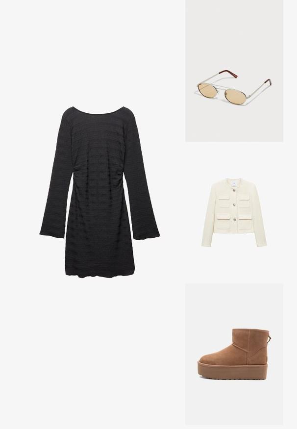 Mango Jas - off-white; Zwarte jurk met lange klokmouwen, textuurstof met horizontale strepen, ronde halslijn en geplooide zijdetails.; Tan suède enkellaars met een platformzool, ronde neus en stiksels; heeft een trekband aan de achterkant voor gemakkelijke instap.; Metalen zonnebril met ovale, lichtbruine getinte lenzen. Slank zilveren frame met getextureerde accenten en roestbruin uiteinden op de armen.; Bruin leren schoudertas met logo-patroon, gouden kettingband, ritsluiting en gouden hardwareaccenten. Compacte en rechthoekige vorm.