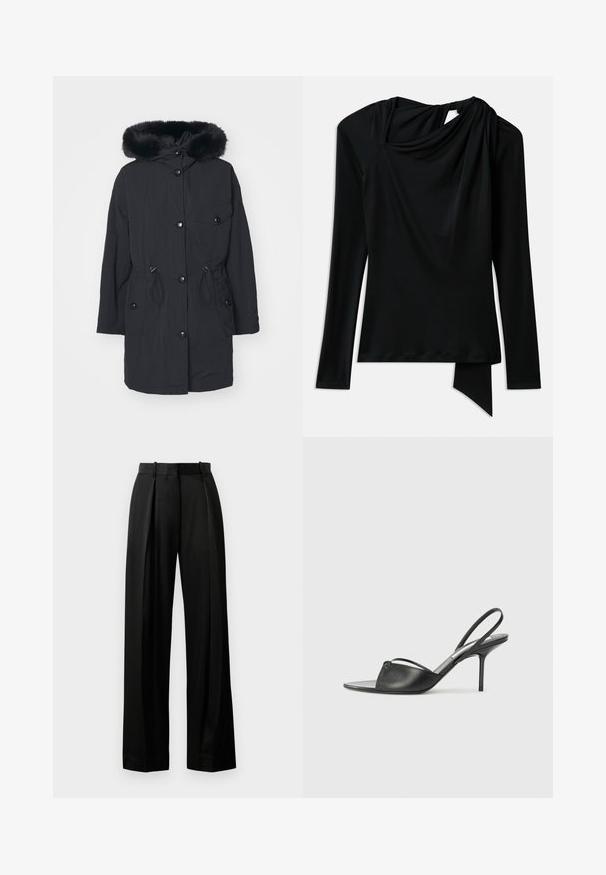 Melns parka ar mākslīgo kažokādu uz kapuces, ar priekšējo rāvējslēdzēju, spiedpogām, jostu ar regulējamu auklu un sānu kabatām. Gluda, viegla auduma struktūra.; Melnas garām piedurknēm topa izstrādājums, izgatavots no gludas auduma, ar drapētu dekoltē, asimetrisku apakšmali un izgriezumu detaļu aizmugurē.; Melnas bikses ar plašām kājām, izgatavotas no viegla auduma ar pielāgotu piegriezumu, ar priekšējām krokām un plakanu jostasvietu ar cilpām.; Melnas ādas siksniņu augstpapēžu kurpes ar norādītu purngalu, plānu potītes siksniņu un stiletto papēdi. Arī ar sasietu detaļu uz vamp.