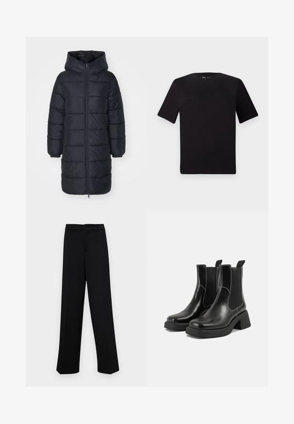 Black puffer coat with a hood, featuring a zip front, ribbed cuffs, and a quilted design with visible stitching. Mid-length and insulated.; Black short-sleeve t-shirt with a round neckline, crafted from soft cotton fabric. Simple design, no visible logos or patterns.; Black wide-leg trousers made of smooth fabric, featuring a classic waistband with a button closure and front pleats.; Black leather Chelsea boots with a chunky heel, elastic side panels, and contrasting white stitching. Textured finish.