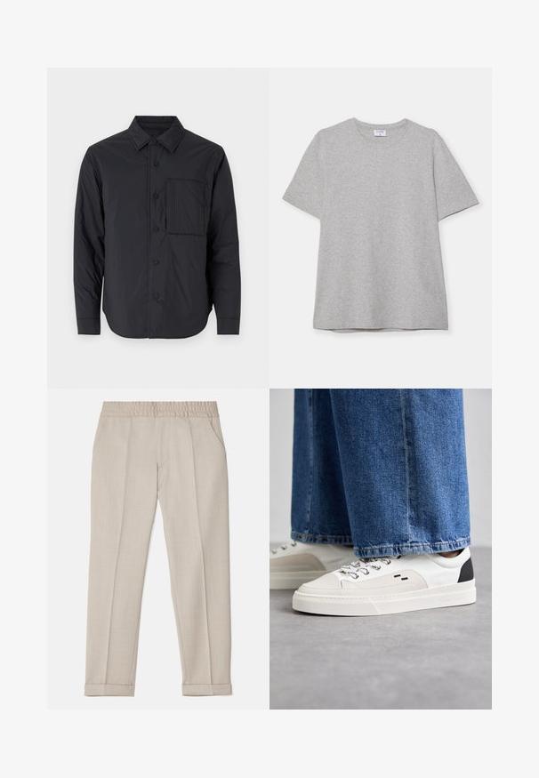 Černá lehká košile na knoflíky s špičatým límcem, dlouhými rukávy a jednou náprsní kapsou s texturovaným vzorem.; Šedé tričko s krátkým rukávem vyrobené z měkké, texturované látky. Disponuje klasickým kulatým výstřihem a rovného lemu, vhodné pro každodenní nošení.; Filippa K TERRY CROPPED TROUSERS - Kalhoty - sage melange; Bílé a černé tenisky s hladkým koženým svrškem, texturovanými akcenty a robustní bílou podešví. Mají klasický design se šněrováním.