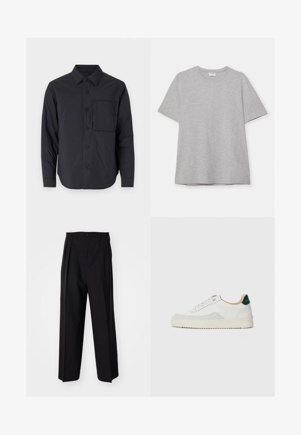 Juodas lengvas mygtukų marškinis su smailiu apykaklės dizainu, ilgomis rankovėmis ir viena krūtine kišene, kuri pasižymi tekstūruotu raštu.; Pilkas trumpas rankovėmis marškinėliai, pagaminti iš minkštos, tekstūruotos medžiagos. Turi klasikinį apvalų kaklą ir tiesų apatinį kraštą, tinkamą kasdieniam dėvėjimui.; Juodi klostuoti kelnių, su tiesiu, plačiu kojų dizainu. Pagaminti iš lygios medžiagos, su mygtukų uždarymu ir diržo kilputėmis.; Baltos sportbačiai su zomšos akcentais, apvaliu nosiu, plokščiais raišteliais ir kreminės spalvos guminiu padu. Ant kulno yra žalia ženklinimo detalė.